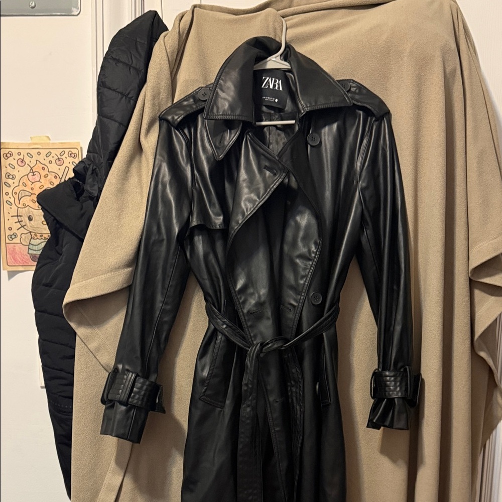 Zara Black Faux Leather Belted Coat NWOT XS